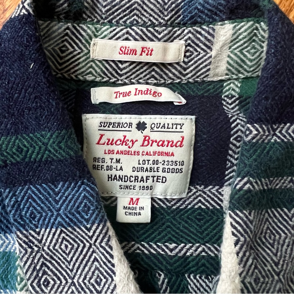 Lucky Brand Button Up Flannel Shirt Mens Size Medium Green Blue Plaid Slim Fit - Picture 3 of 5